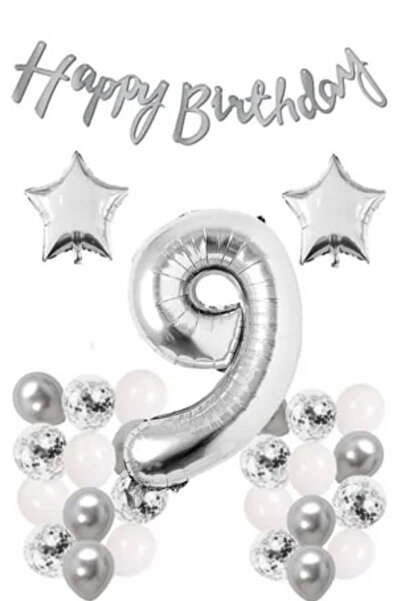 Çemrek Süs Parti Set de aniversare argintiu de 9 ani; Balon alb argintiu conf...