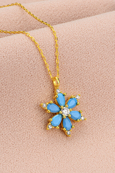 Bilsen Store 925 Ayar Gümüş Zincirli Altın Kaplama Firuze Damla Taşlı  Lotus Çiçeği Kolye