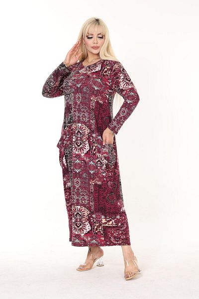 mami butik Rochie din bumbac pieptănat din viscoză cu model de mărime mare - mânecă lungă, lungime maxi, cu buzunar hidžáb