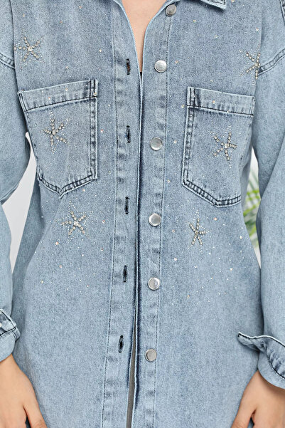 GÜLSELİ Jeans Jacket with Stones Ice Blue - Double Pockets