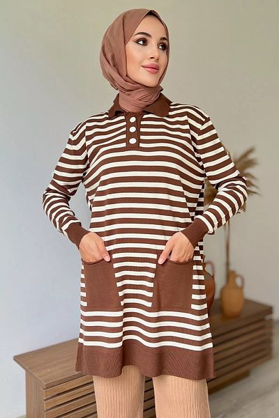 jldkids Women's Striped Knitwear Tunic - Half Buttoned, Brown Color