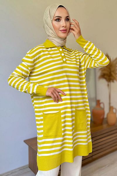 jldkids Γυναικείο πλεκτό τουνίκ με μισό κουμπί λαδί πράσινο ριγέ