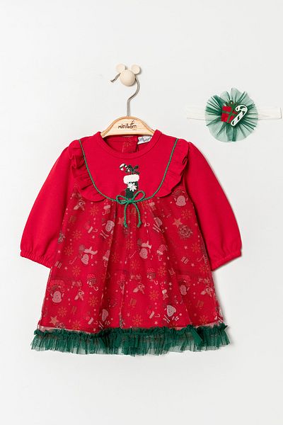 MİNİBORN Red Embroidered Long Sleeve Girls Christmas Dress Set - Newborn