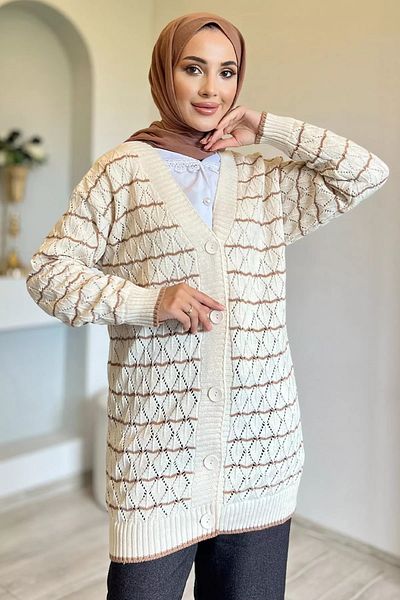 jldkids Γυναικεία Πλεκτή Ζακέτα Hijab - Κρεμμπεζ ριγέ
