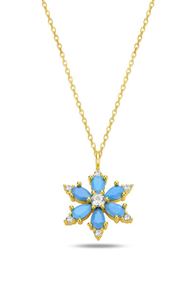 Bilsen Store 925 Ayar Gümüş Zincirli Altın Kaplama Firuze Damla Taşlı  Lotus Çiçeği Kolye