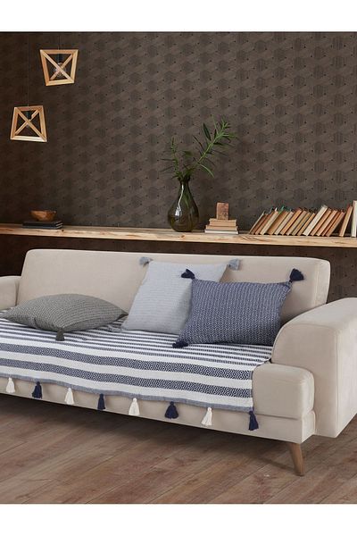 Lux Touch Κάλυμμα καναπέ Liva Navy Blue με Pompom - 115 x 200 cm Καναπές Πανί, Καναπές-κρεβάτι Πολυθρόνα και Ριχτάρι Φουντωτό