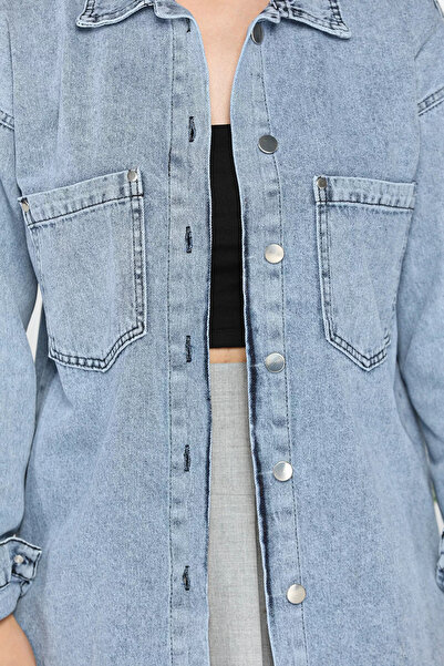 GÜLSELİ Double Pocket Ice Blue Denim Jean Jacket