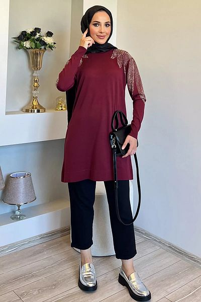 jldkids Hijab Knitwear Tunic - Claret Red, Shoulder Stoned