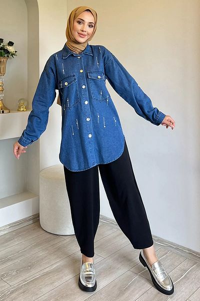 jldkids Τζιν τζιν μπουφάν Hijab - Navy Blue, Stones και διπλές τσέπες