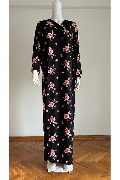 GİZGİYİM Pink Floral Black Side Tie Prayer Dress Plus Size