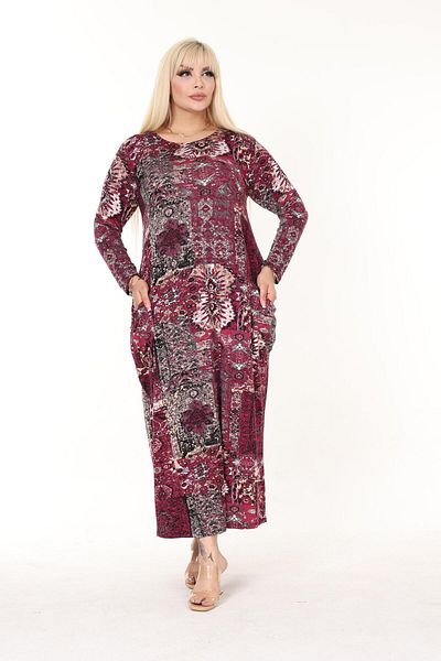 mami butik Rochie din bumbac pieptănat din viscoză cu model de mărime mare - mânecă lungă, lungime maxi, cu buzunar hidžáb