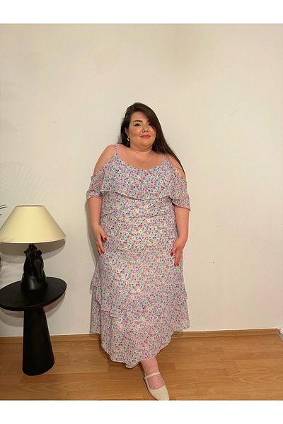 Kendinisevbutik Blue Chiffon Plus Size Floral Lined Dress