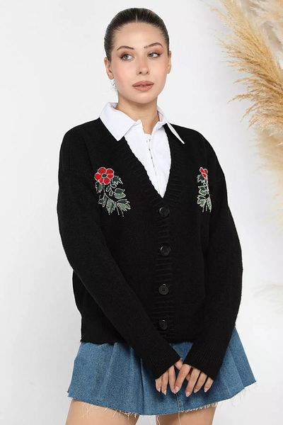 GÜLSELİ Women's Black Stone Embroidered Knitted Cardigan