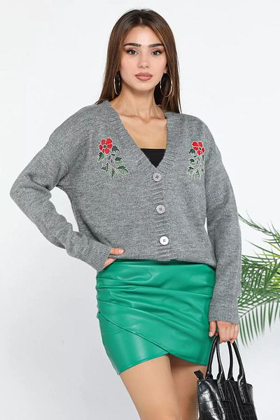 GÜLSELİ Gray Embroidered Women's Knitwear Cardigan - Stone Embroidered