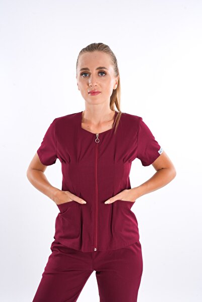 Nur Medikal Giyim Costum de uniformă chirurgicală pentru medic, asistentă, model Lily, culoare burgundy, cu fermoar, din lycra moale