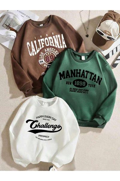 MORNİNG KİDS California-manhattan-challenge Printed 3-piece Sweatshirt Pack for Boys and Girls