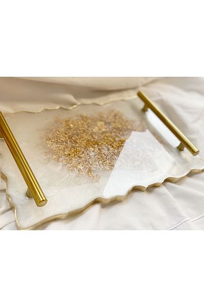 Home Gold Mother-Of-Pearl Epoxy Tray, Elliptical, Stylish Presentation Tray, Personalized Design, Gift Tray, My Coffee