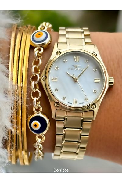 FERRO Brand Steel Cord, Yellow Color, Small Case Women's Wrist Watch + Evil Eye Beaded Bracelet