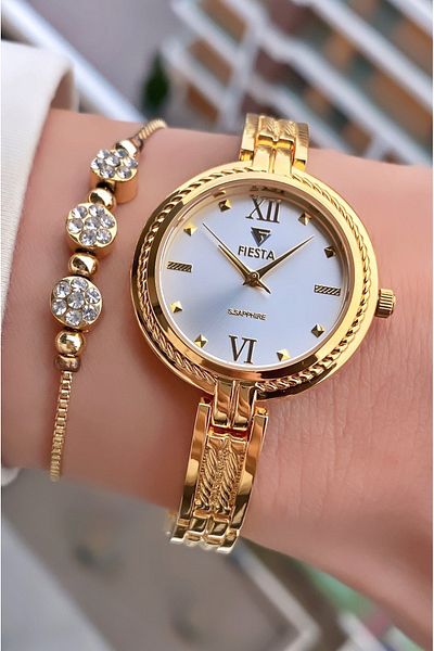 Fiesta Gold Yellow Steel Strap Bridal, Engagement, Wedding Small Case Wristwatch