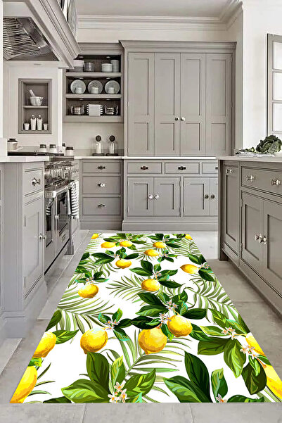 halıpera Yıkanabilir Kaymaz Halı  Limon Desenli Salon Halısı Mutfak Halısı ve...