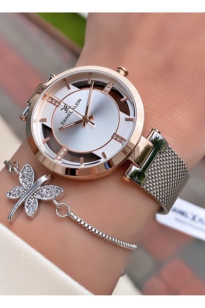 Daniel Klein Rose Silver Colored Women's Wristwatch and Bracelet