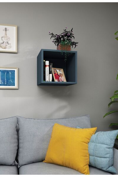 Dekormer Design Kitaplık Kare Duvar Rafı Tekli Arkalıklı Mobilya Takım İzlanda Mavi