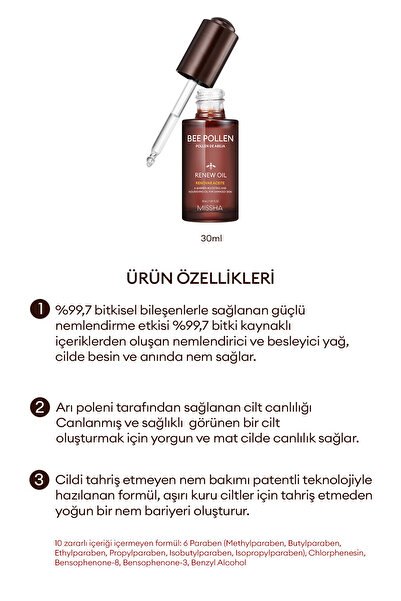 Missha Kuruluktan Kaynaklı Yıpranmış Ciltler İçin Arı Poleni İçeren Bakım Yağı Bee Pollen Renew Intense Oil