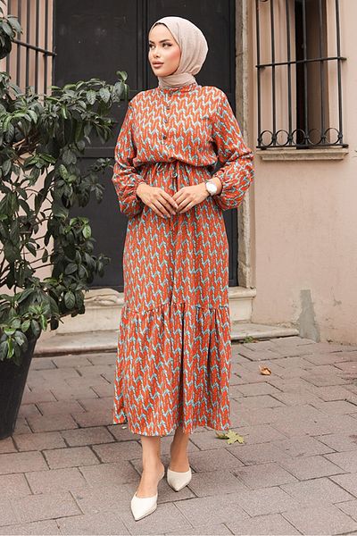 Bestenur Orange Hijab Dress - Çelen Half Buttoned, Model 1206