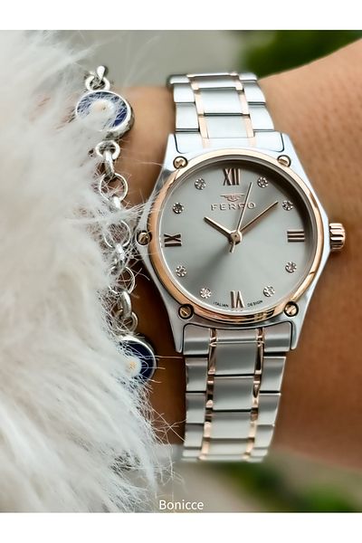 FERRO Brand Steel Cord, Rose Color, Small Case Women's Wrist Watch + Evil Eye Beaded Bracelet