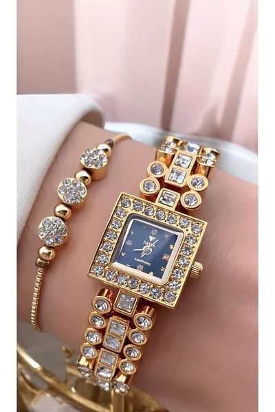 Fiesta Gold Yellow Steel Cord Square Small Case Women's Wristwatch - Bracelet