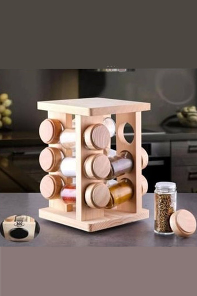 ÇELİKAY Spice 12'li Bambu Ahşap Döner Standlı Bambu Kapaklı ( Cam ) Baharatlı...