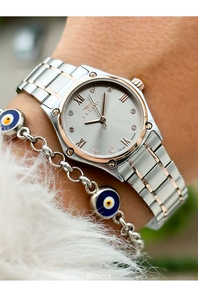 FERRO Brand Steel Cord, Rose Color, Small Case Women's Wrist Watch + Evil Eye Beaded Bracelet