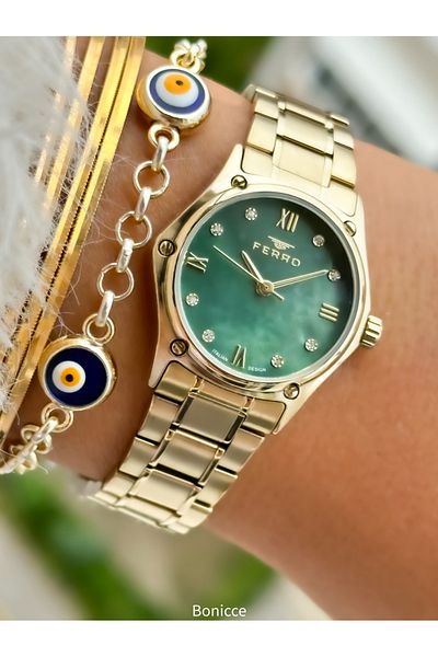 FERRO Brand Steel Cord, Yellow Color, Small Case Women's Wrist Watch + Evil Eye Beaded Bracelet