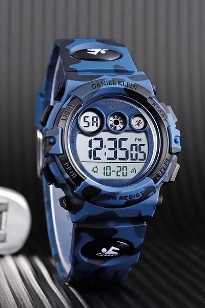 Daniel Klein Dark Blue Camouflage Children's Wristwatch with Alarm and Stopwatch, 4 Different Lights for Age 5-10