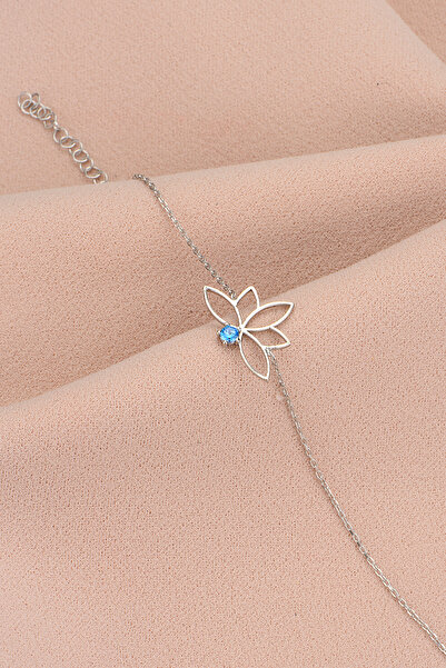 Bilsen Store 925 Ayar Gümüş Zincirli Akuamarin Taşlı Lotus Çiçeği Bileklik