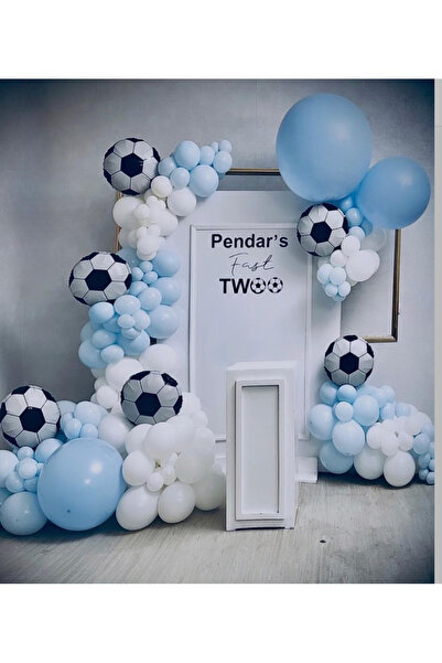 Çemrek Süs Parti Folyo Futbol Topu Konsept Mavi Beyaz Balon Zİnciri Seti 103'lü