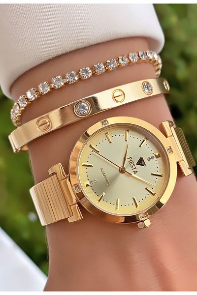 Fiesta Gold Colored Steel Cord Women's Wristwatch and Bracelet Gift