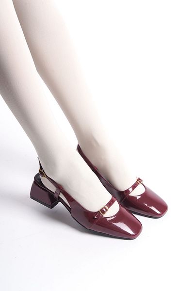 SEEM & BE Burgundy Patent Leather Mary Jane Shoes - Lola Blunt Toe, Detailed Square Heel