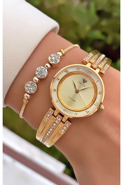 Fiesta Gold Colored Steel Cord Women's Wristwatch and Bracelet Gift