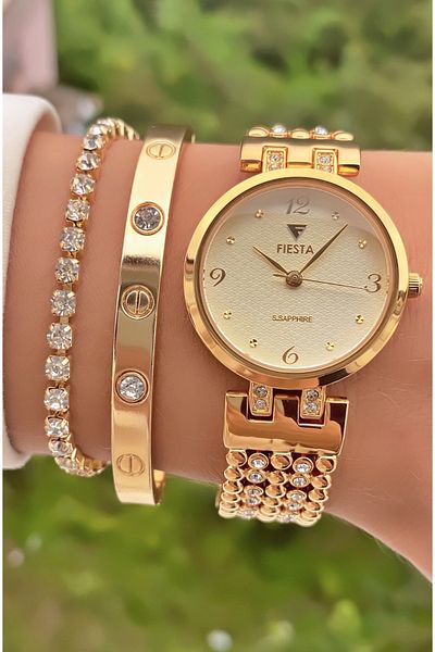 Fiesta Gold Colored Steel Cord Women's Wristwatch and Bracelet Gift