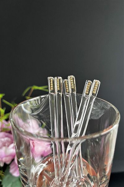 DECOSTYLE 6 Pieces Chain Stoned Glass Teaspoon - Length 11 Cm, Mouth 1.75 cm