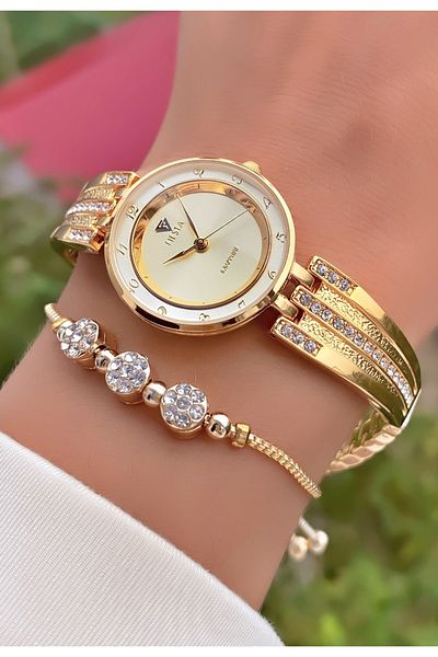 Fiesta Gold Colored Steel Cord Women's Wristwatch and Bracelet Gift