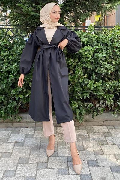 ensade Seasonal Woven Trench Coat with Balloon Sleeve and Belt