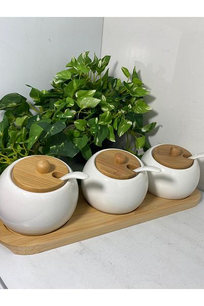 elif aksesuar Porcelain and Bamboo Spice Bowl with Spoon