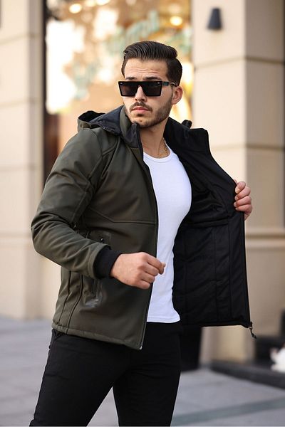 Mero Life Παλτό Khaki Softshell - με κουκούλα, αδιάβροχο και αντιανεμικό, γούνινη εσωτερική επιφάνεια και επένδυση από ίνες