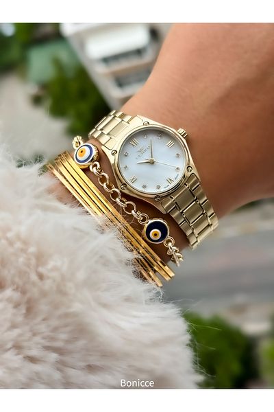FERRO Brand Steel Cord, Yellow Color, Small Case Women's Wrist Watch + Evil Eye Beaded Bracelet
