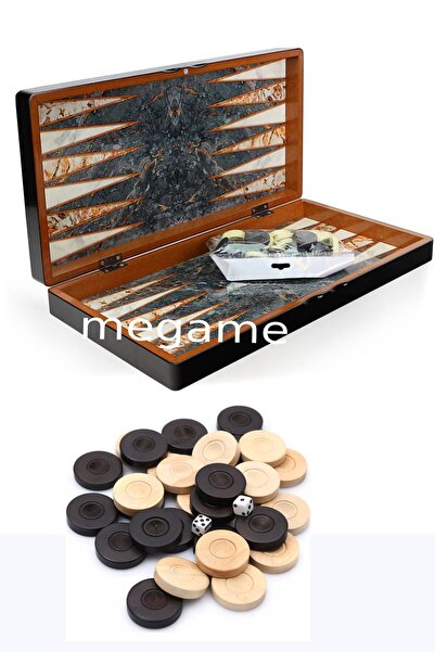megame Kişiye Özel Ahşap Pullu Mermer Desen Tavla Cilalı Lüx Dama Oyun Takımı, Iskambil Kağıdı Hediyeli