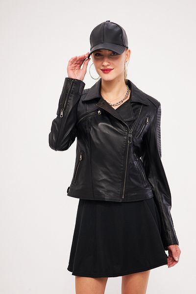 gorgitino Genuine Leather Black Women's Jacket - Diamond Pattern