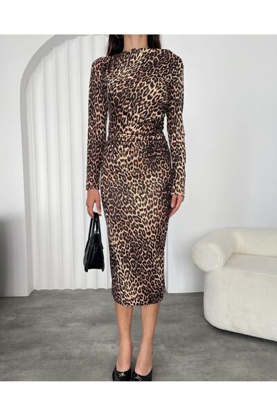 HARMONY GLOBAL Λεοπάρ στάμπα Modal Drape Λεπτομερές μακρυμάνικο φόρεμα για γυναίκες - Side Gathered 10.222