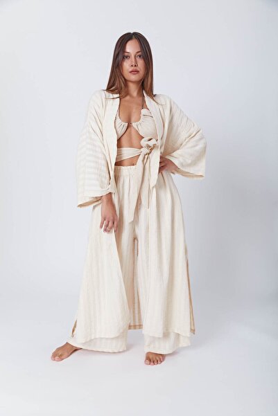 Niseko Uzun Çizgili Müslin Kimono